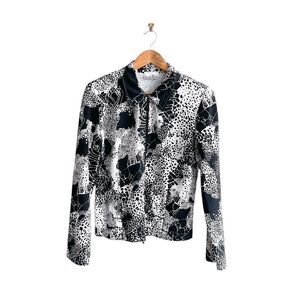 Joseph Ribkoff Blazer Jacket Black White Full Zip Blouse Women's 10 Stretch